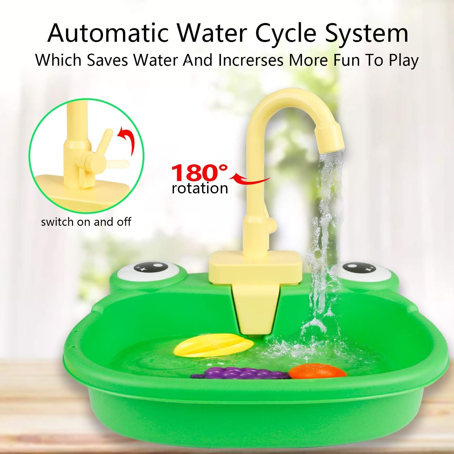 Play Kitchen Sink Toy, Water Toys for Kids with Electronic Dishwasher, Pretend Play Utensils Accessories and Play Cutting Food for Boys and Girls (Cute Frog)