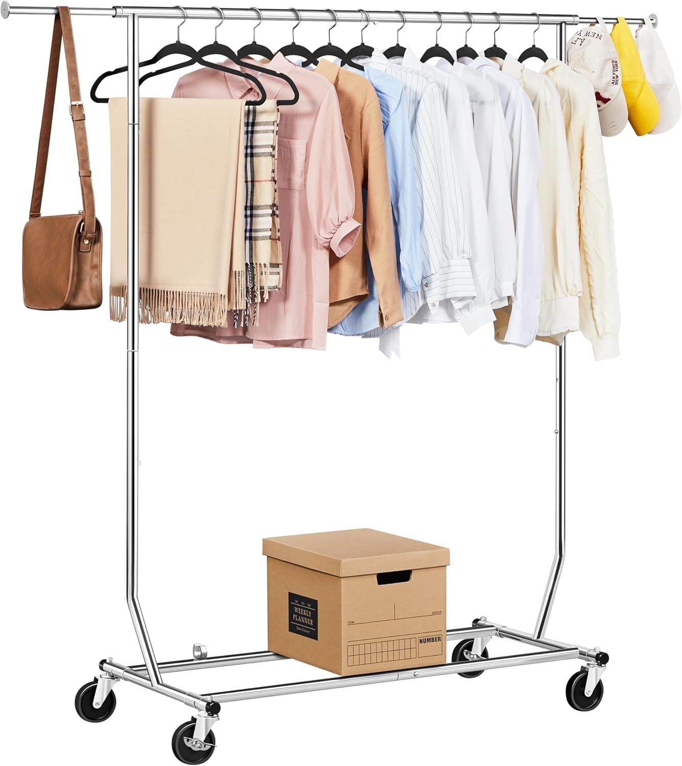 Commercial Clothing Garment Racks on Wheels, Grade Single Rod Adjustable Height Clothes Rack on Wheels for Hanging Clothes, Heavy Duty Upright Clothes Rack with Wheels, Silver