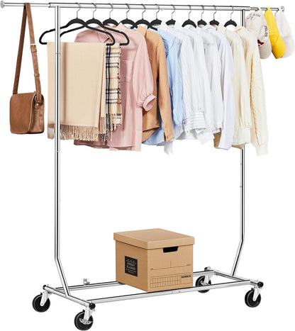 Commercial Clothing Garment Racks on Wheels, Grade Single Rod Adjustable Height Clothes Rack on Wheels for Hanging Clothes, Heavy Duty Upright Clothes Rack with Wheels, Silver