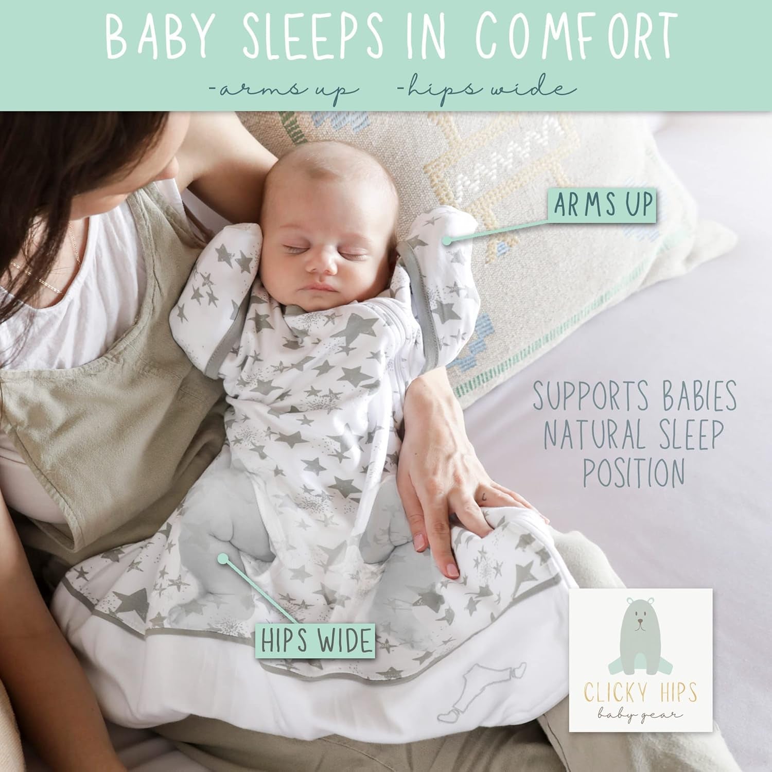 Swaddle Sack with Arms Up, Allows Babies Hips to Move Freely, Fits Newborn Babies 0-6 Months, 8-18 Lbs, Arms In/Out Transition, Baby Sleep Sack, Organic Cotton, White with Gray Stars