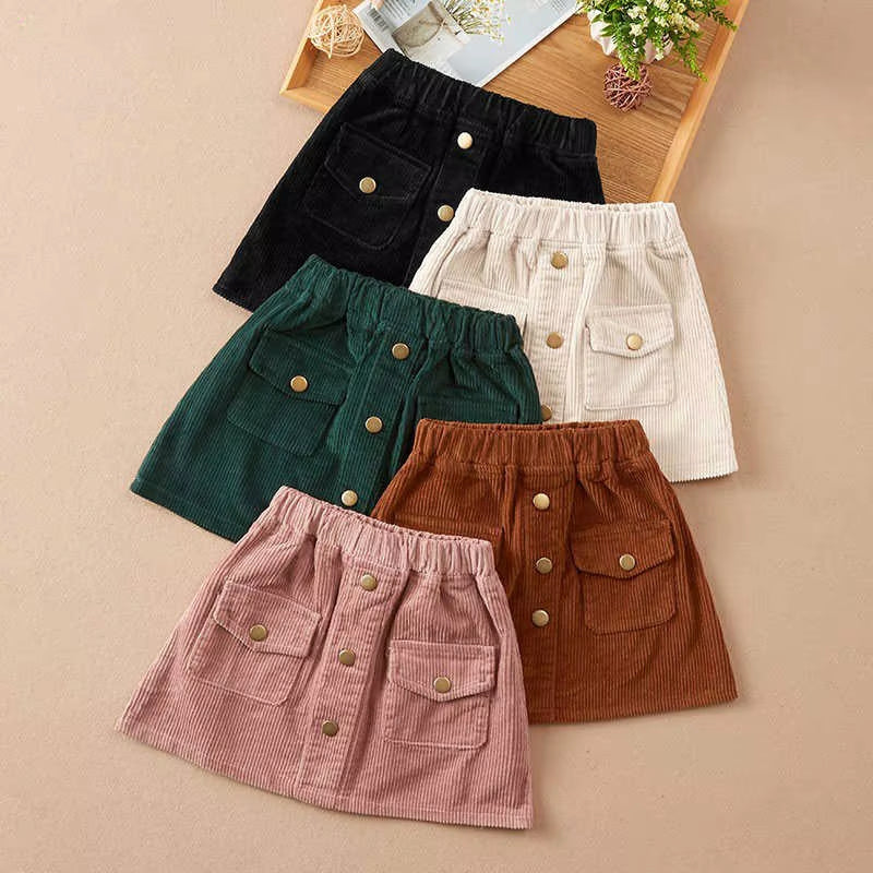 Fashion Kids Skirt School Girls Corduroy Skirt Button Design Pockets Korean Kids Clothes Teenager Children'S Clothes Girl Skirts