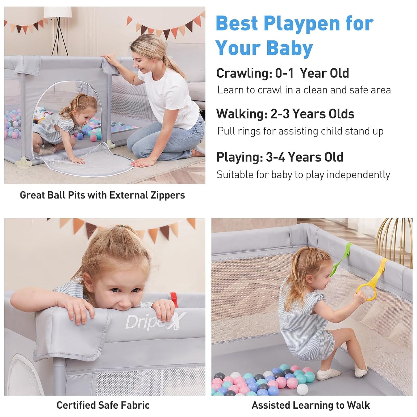 Baby Playpen, 79"×59" Play Pens for Babies and Toddlers, Safe Anti-Fall Play Yard with Gates, Baby Fence with Breathable Mesh, Indoor & Outdoor Kids Activity Center, Grey