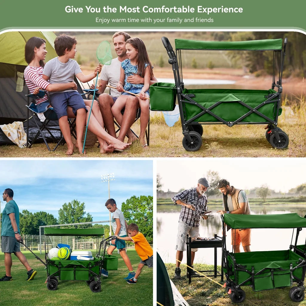 Collapsible Beach Wagon Cart with Removable Canopy,  Foldable Wagon Utility Carts with Fat Wheels and Rear Storage, for Garden Camping Grocery Shopping Cart,Green