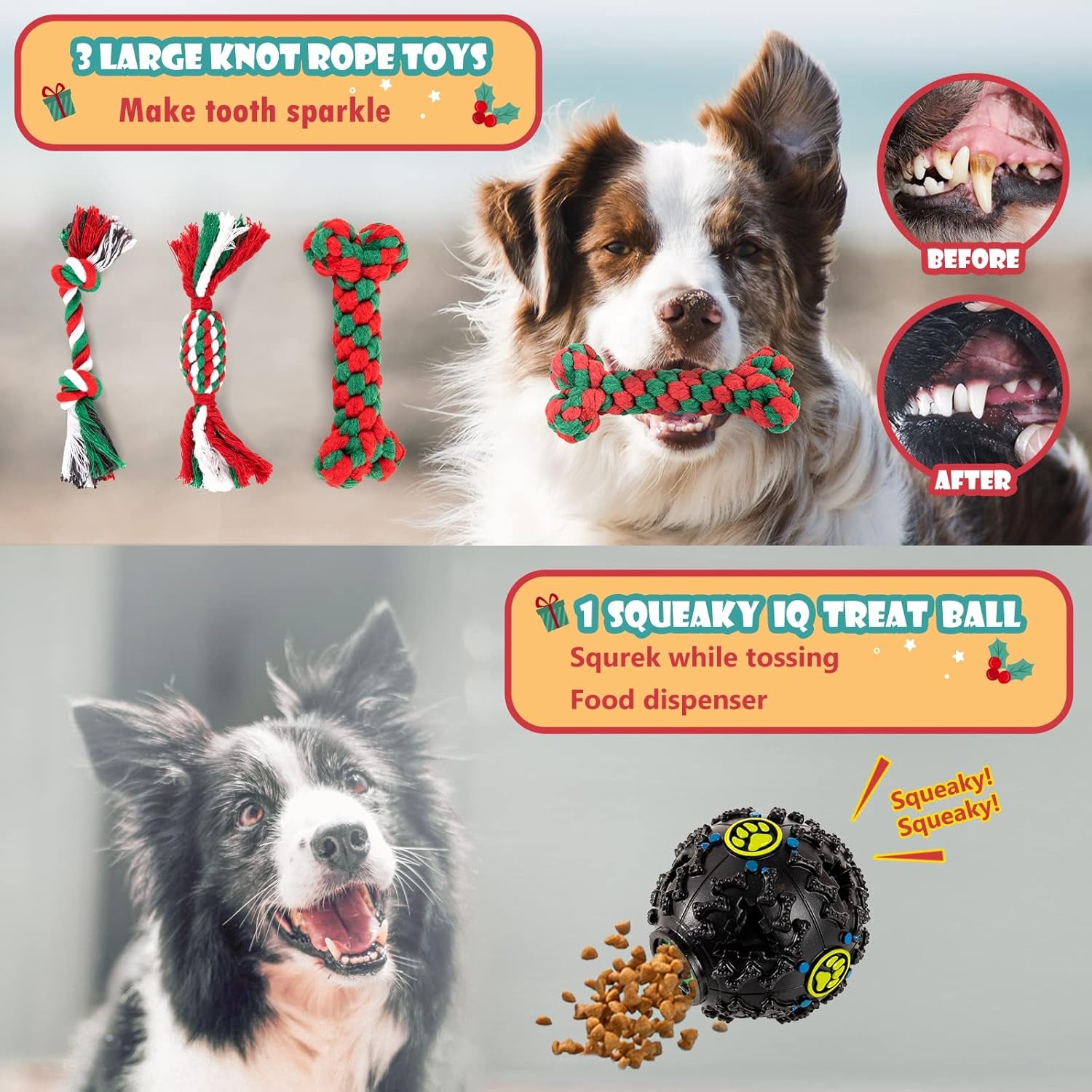 Dog Christmas Stocking Toys with 1 Squeaky Dog Toy, 2 Kinds of Clothing (Christmas Hat, Bow Tie) and 3 Dog Chew Rope