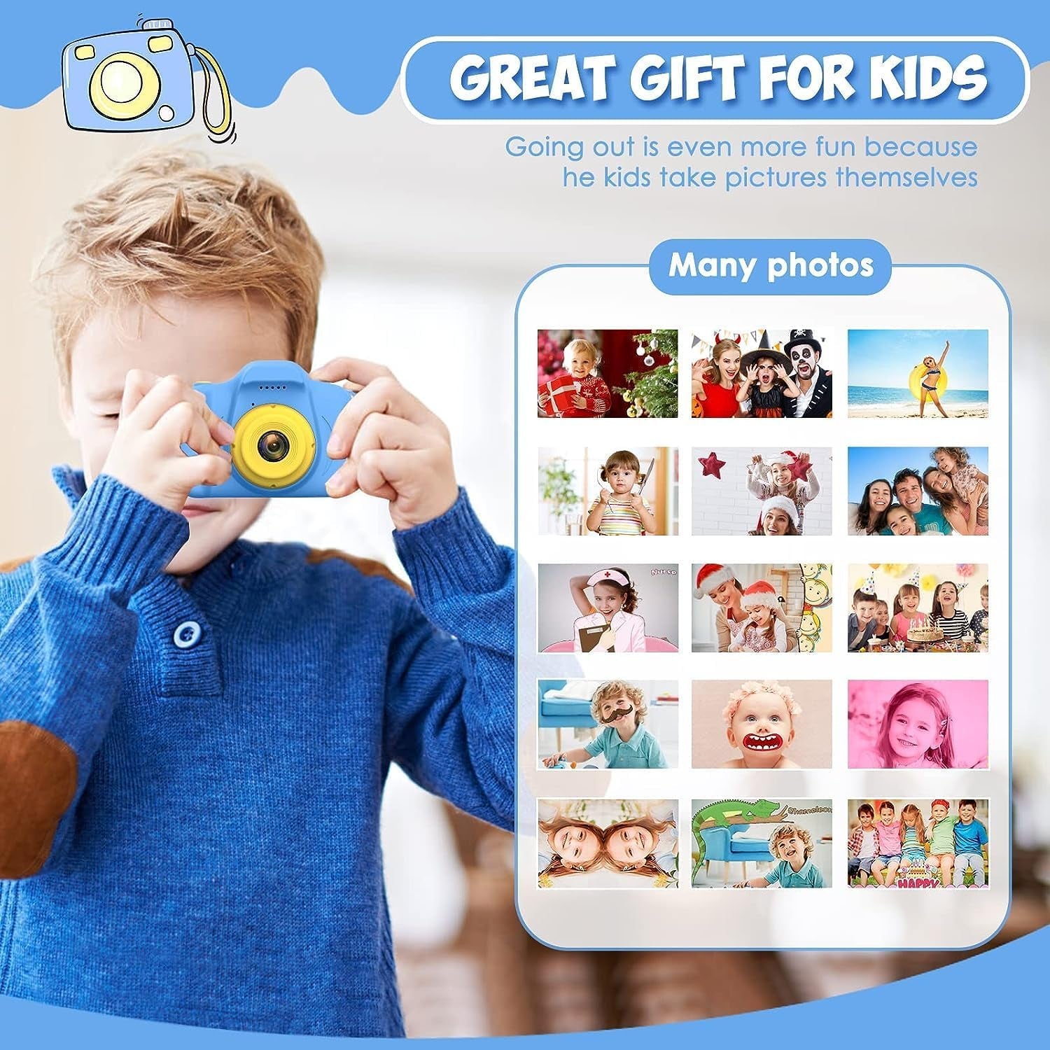 Kids Camera Toys Christmas Birthday Gifts for Boys and Girls Kids Toys 3-9 Year Old HD Digital Video Camera for Toddler 5 Puzzle Games with 32GB SD Card (Blue)