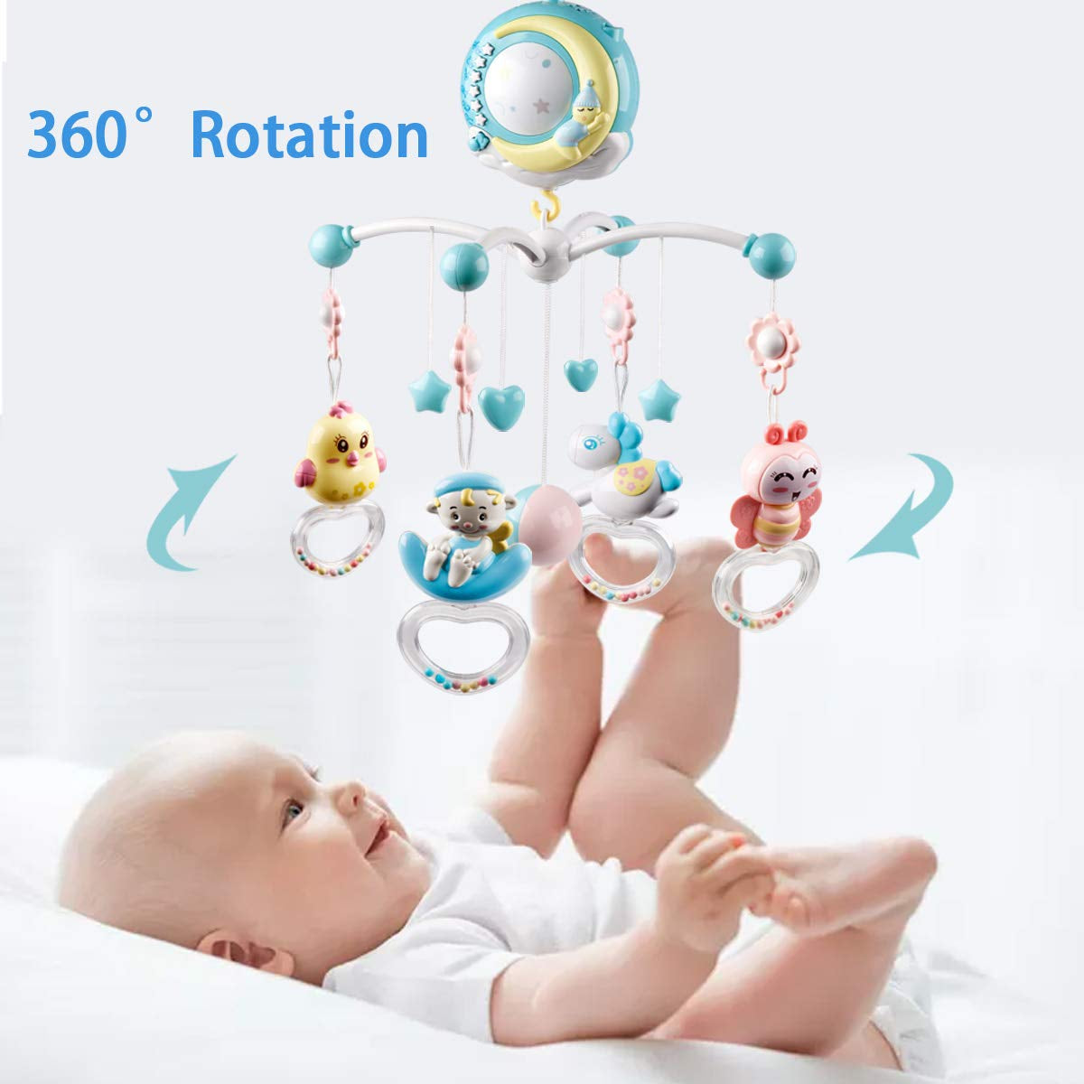 Baby Musical Mobile Crib with Music and Lights, Timing Function, Projection, Take-Along Rattle and Music Box for Babies Boy Girl Toddler Sleep