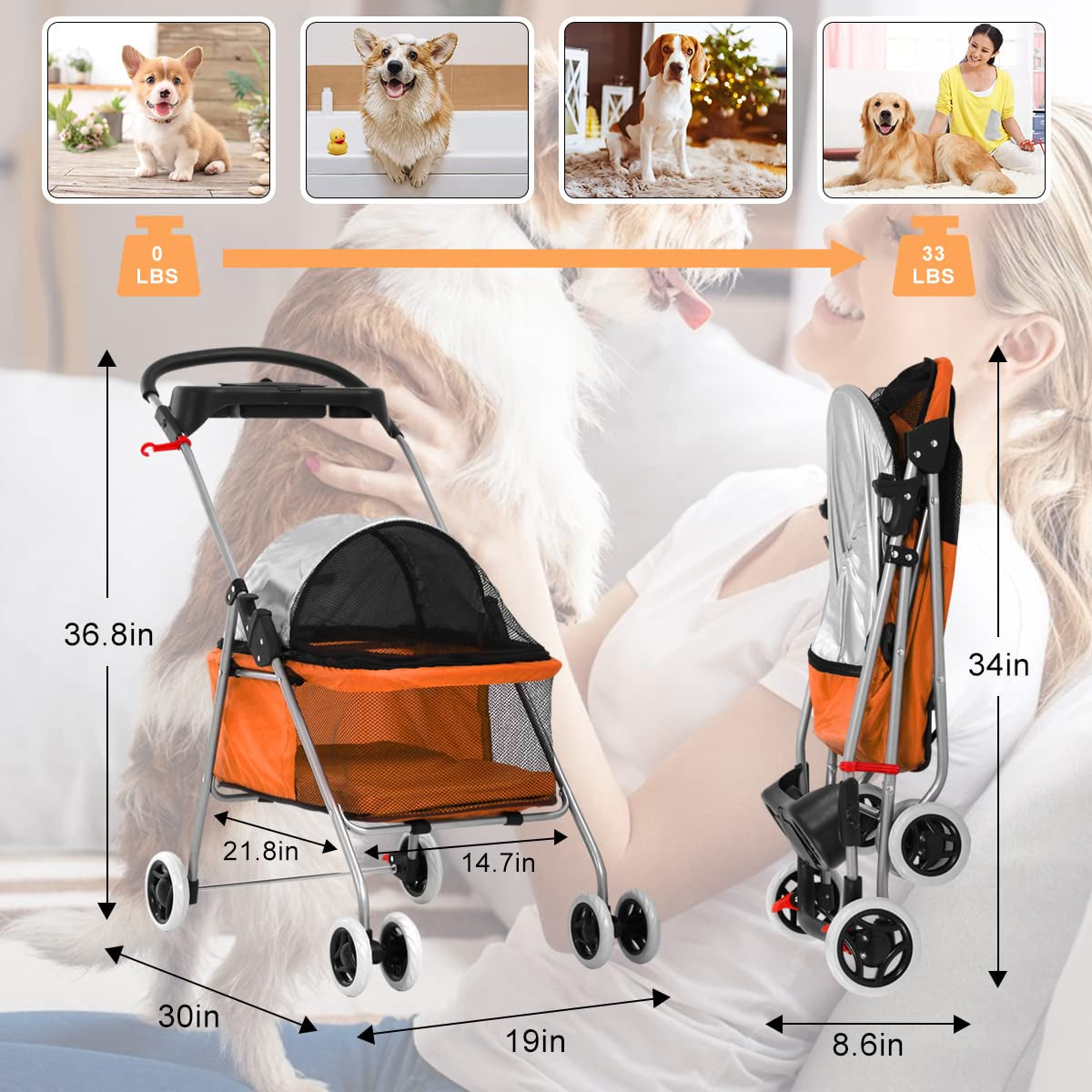 Dog Stroller Pet Stroller 4 Wheels Traveling Folding Lightweight Pet Carrier for 2 Medium Small Dogs & Cats Portable Strolling Jogger Trolley with Cup Holders and PVC Wheel Brake, Orange