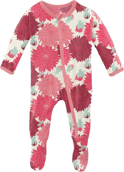 Kickee Print Footie with Zipper, Fitted Long Sleeve Pajamas, Ultra Soft Everyday One-Piece Loungewear, Fair (Natural Dahlias - 12-18 Months)