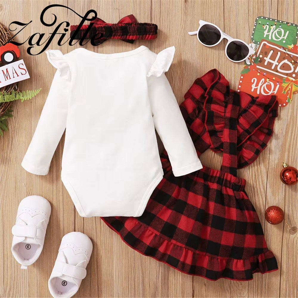 My First Christmas Costume for Baby Girl Clothes Set Red Plaid Suspender Dress Party New Year Clothes for Babies