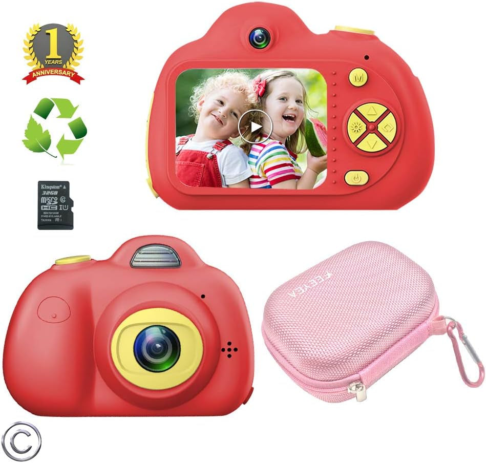 Kids Camera for 5-10 Year Old Girls,Compact Kids Camera with Carrying Case and 18 Million Pixelsl Dual Lens 2.0 Inch HD Screen with Mic,Red(32Gb TF Card Included)