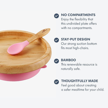 Bamboo Classic Baby Plates, Bowls and 7 Spoons with Removeable Suction for Babies Kids Toddler Food with Silicone Spoon for Feeding, Rainbowpink