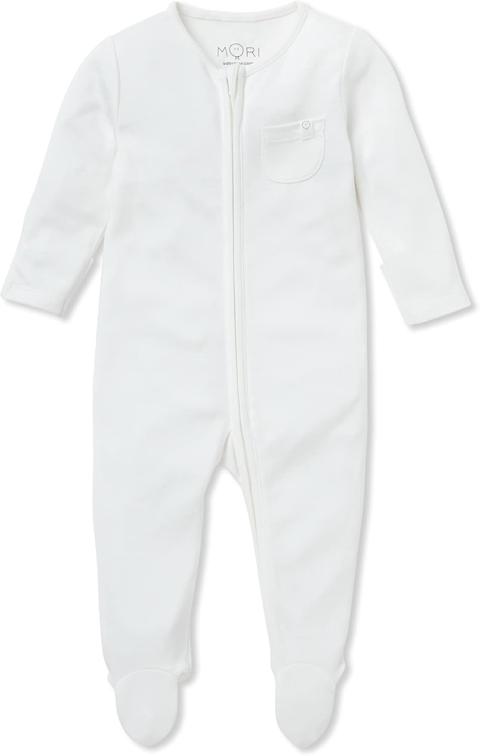 Unisex Zip up Baby Pajamas in White for Boys and Girls - Footed Sleepwear with Pocket and Protective Mitts - 3-6 Months