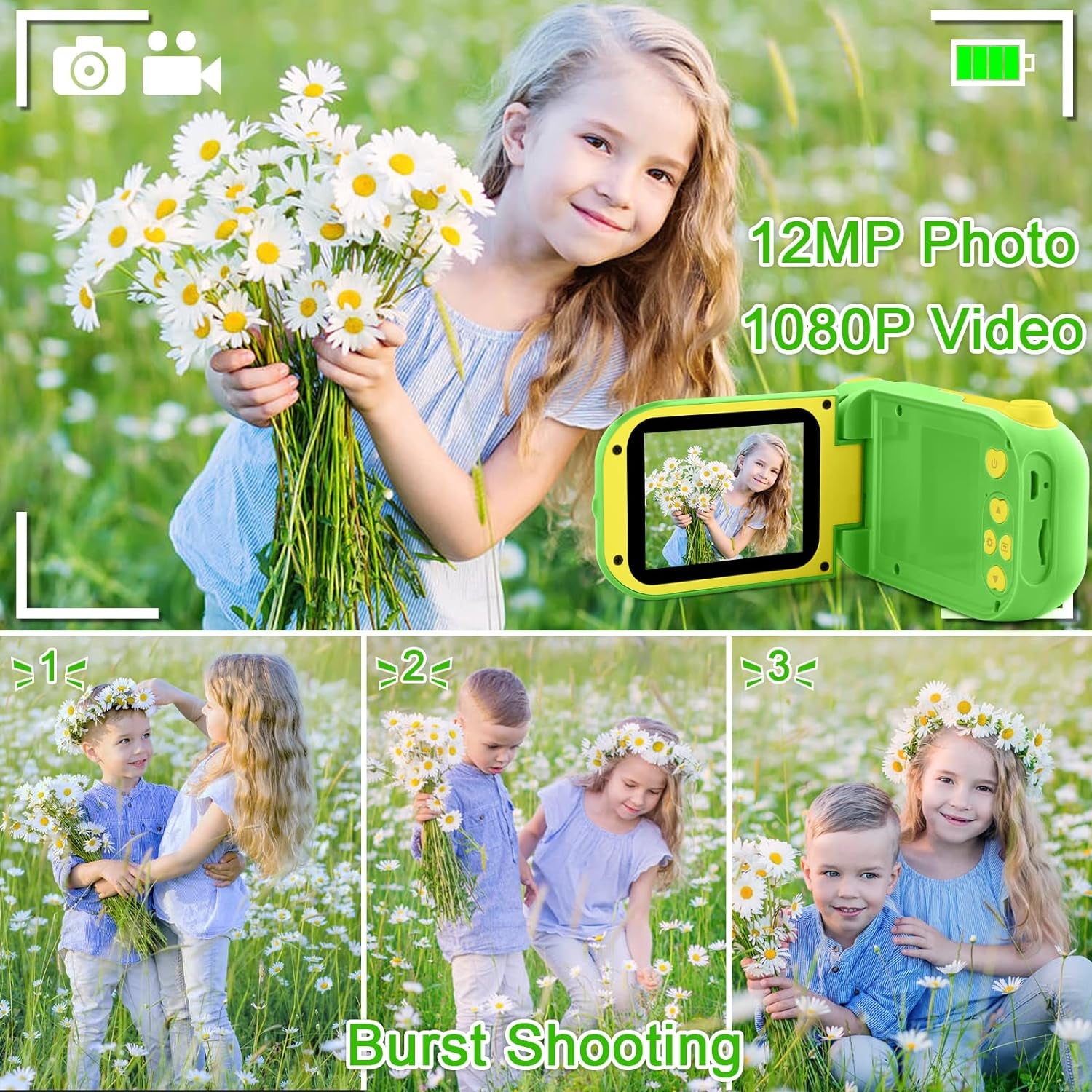 Children Video Camera - Kids Digital Camera Toddler Toy Camcorder Birthday Gifts for Boys and Girls Age 3 4 5 6 7 8 9, 12MP Kids Video Recorder with 32GB SD Card - Green