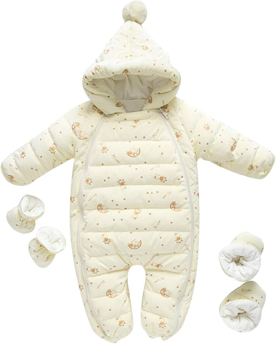 Baby down Snow Suit with Gloves and Shoes Hooded Toddlers Puffer Outerwear Warm Velvet Coat 6-24M (Yellow, 3-6 Months)