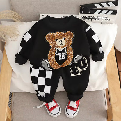 Spring Baby Girl Boy Embroidery Clothes Set Children Sports Cartoon Bear Sweatshirt Top and Pants Bottom Suit Cotton Tracksuit