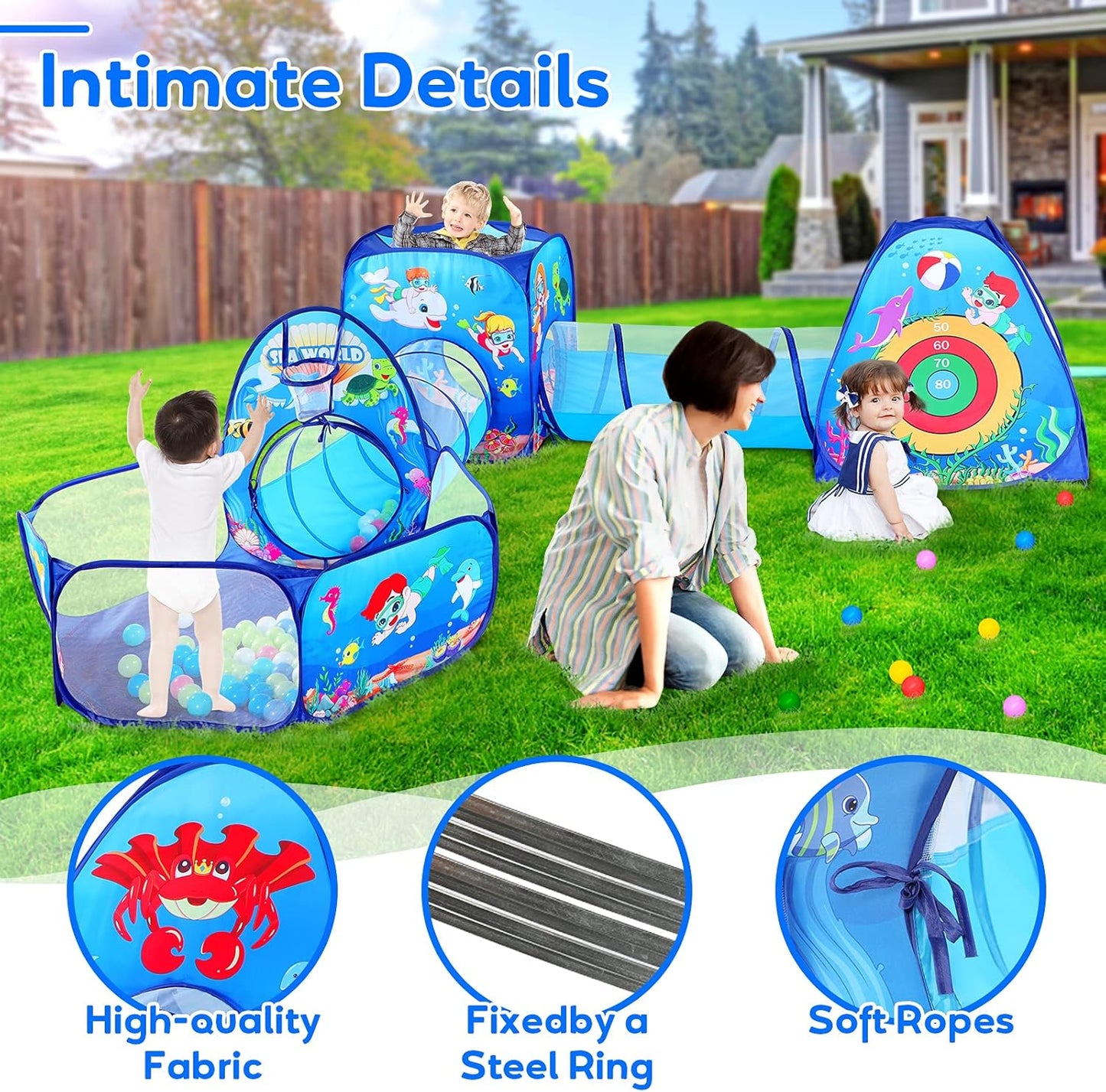 5Pc Kids Play Tent for Toddler with 1 Baby Ball Pits, 2 Baby Crawl Tunnels, 2 Pop up Tents, Indoor Outdoor Playhouse Toys for Boys/Girls (5PC Ocean Kids Playset)