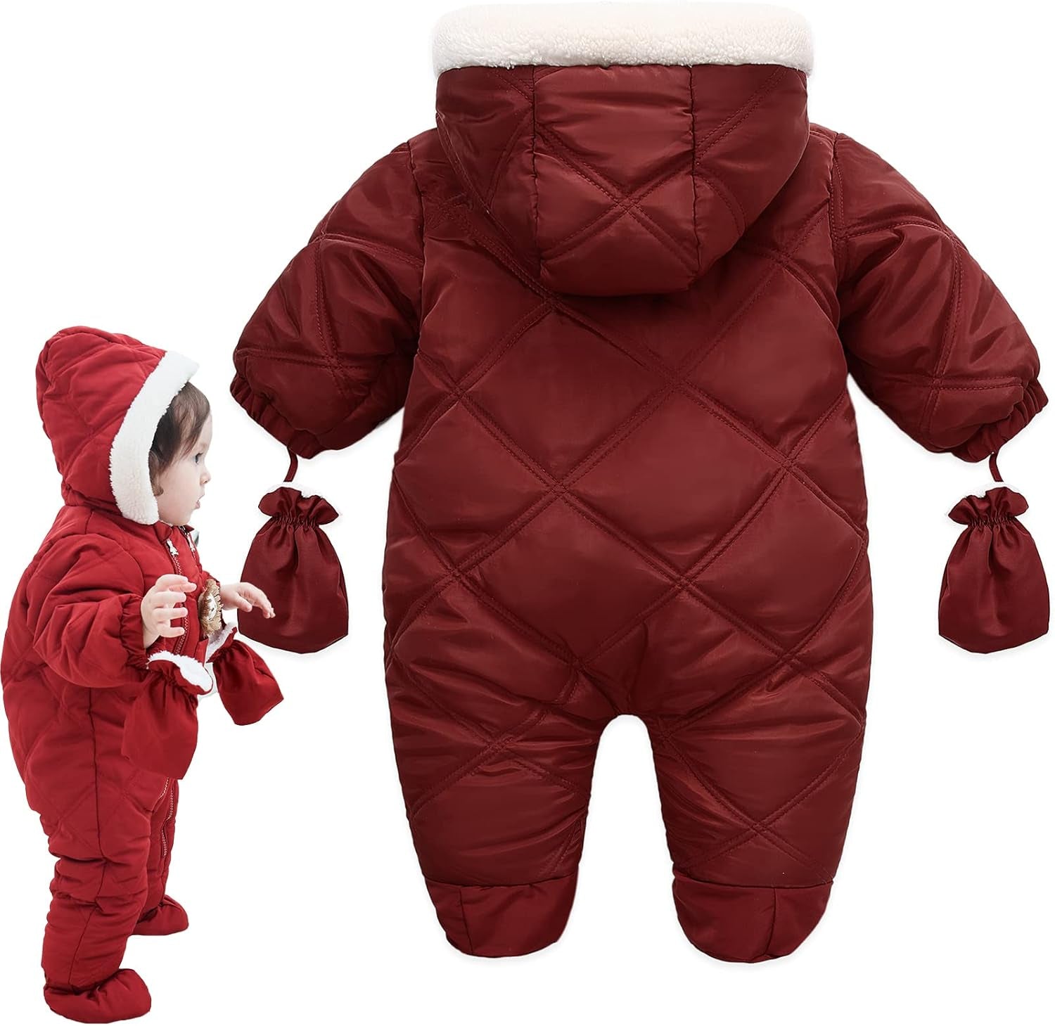 Baby Winter Warm Puffer Solid Zipper Romper Hooded Snowsuit with Mittens and Shoes