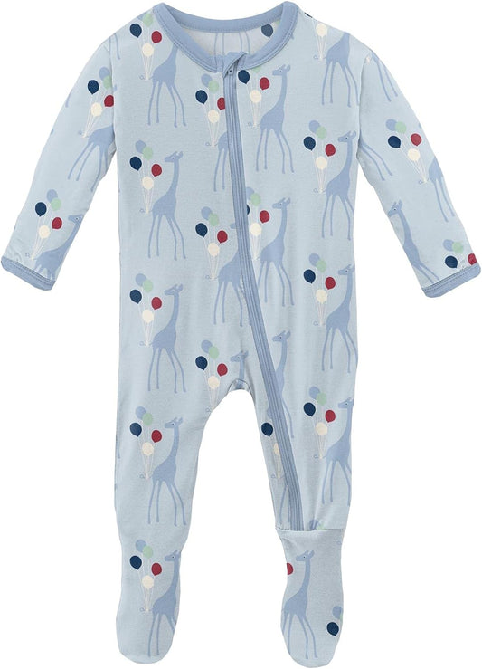 Kickee Print Footie with Zipper, Fitted Long Sleeve Pajamas, Ultra Soft Everyday One-Piece Loungewear, Fair (Illusion Blue Balloon Giraffe - 18-24 Months)