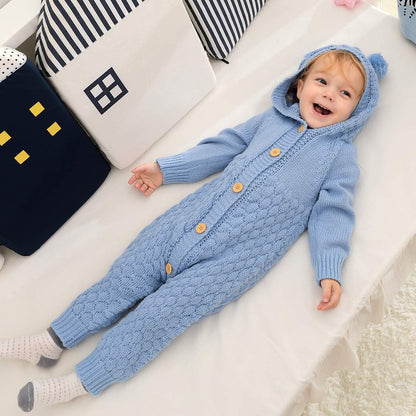 Newborn Baby Hooded Knitted Sweater Romper Fleece Lining Bodysuit Winter Snowsuit for Boy Girl