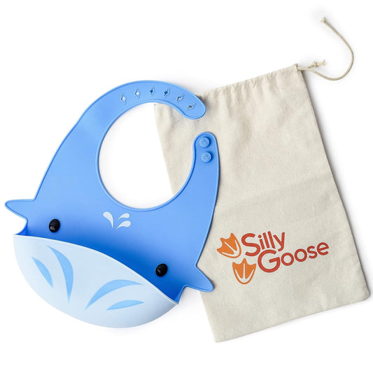 Silicone Animal Baby Bibs for Babies and Toddlers, Waterproof, Adjustable, Soft, Extra Wide Food Catcher Pocket (Baby Whale)