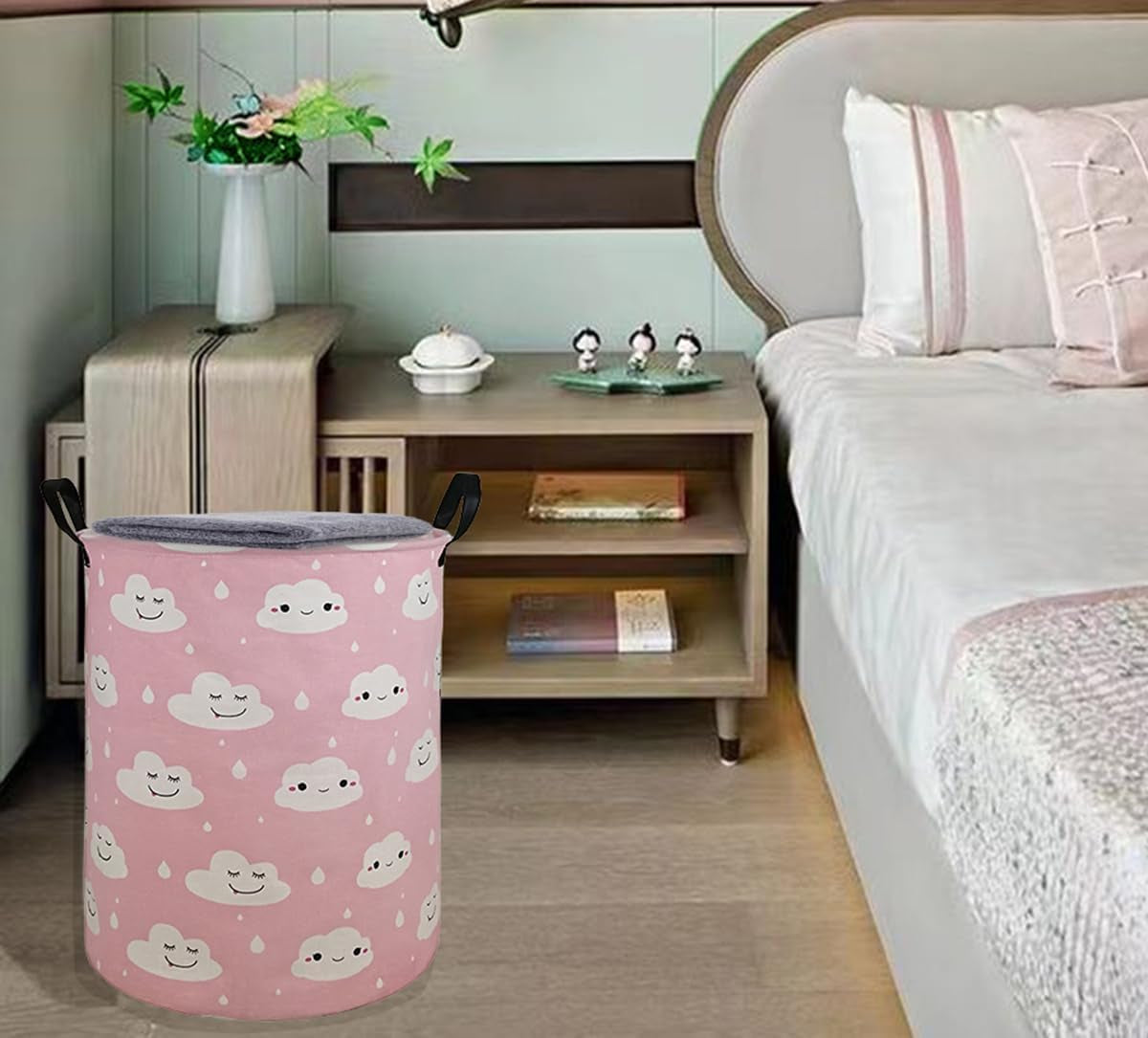 19.7 Inches Large Laundry Basket Waterproof round Cotton Linen Collapsible Storage Bin with Handles for Hamper Kids Room,Toy Storage(Pink Clouds)