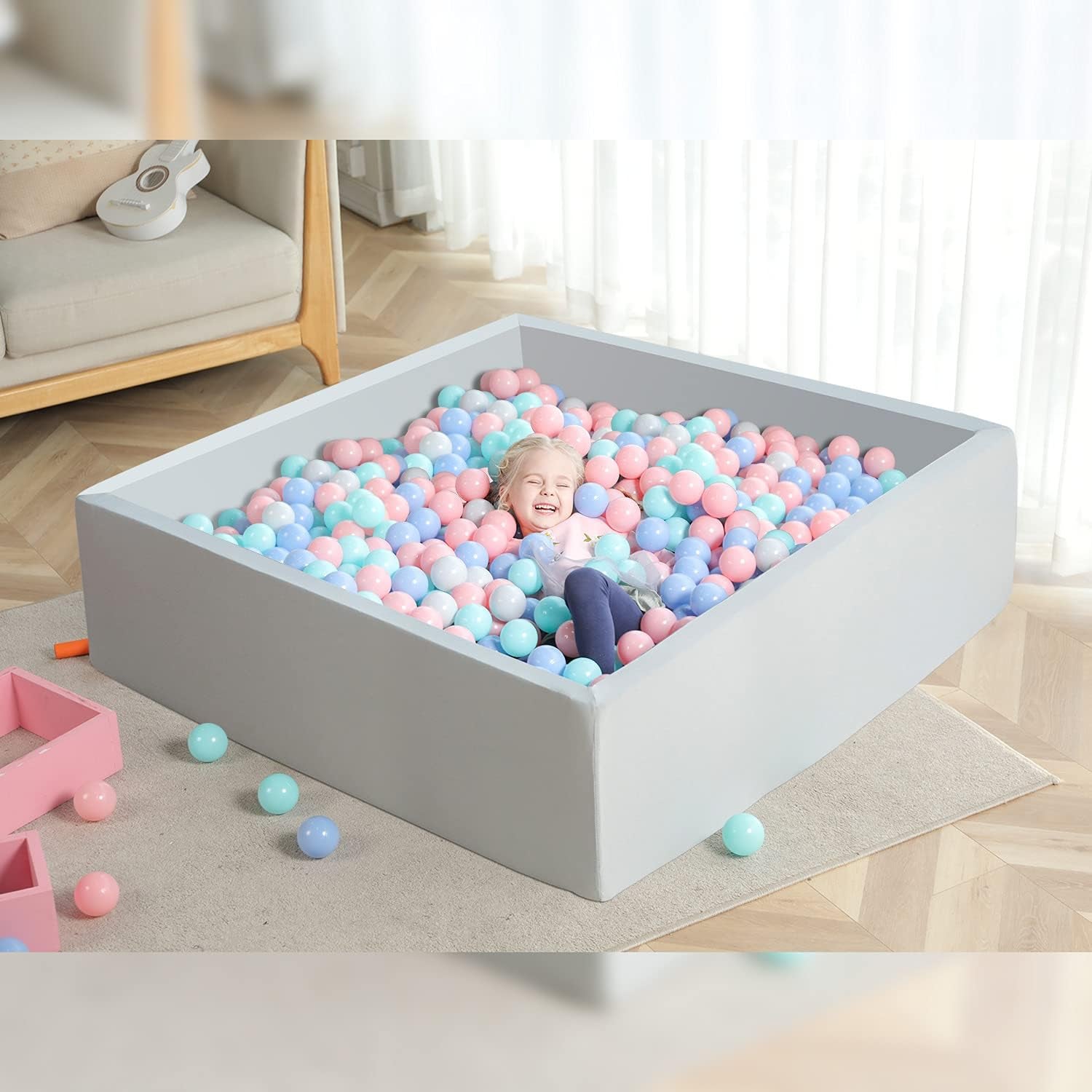 Extra Large Ball Pit 47.2X47.2X13.8In Foam Ball Pit Balls Kids Ball Pits for Toddlers Babies Balls NOT Included - Light Gray