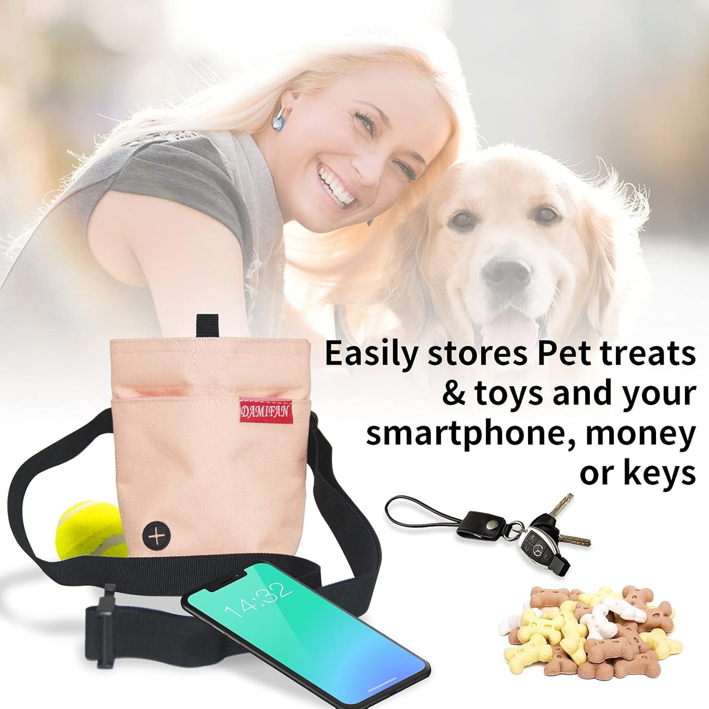 Pet Supplies Dog Treat Pouch with Adjustable Waist Belt，Large Capacity & Multi-Purpose Puppy Pouch Bag to Carry Dog Training Treats and Toys for Training,Walks and Outings(Pink).