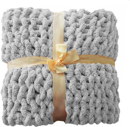 Hand Chunky Knit Blanket -Throw Queen Blanket for Bed Sofa Chenille Blankets & Throws,No Depilation,Machine Washable-Grey,50"X60"