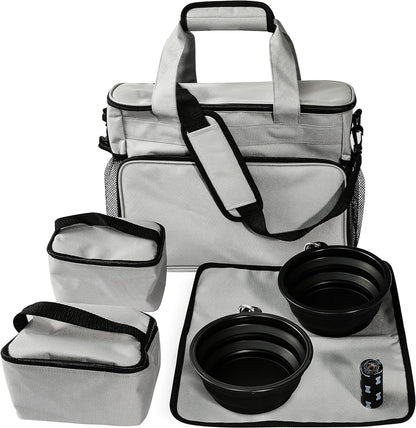 Pet Travel Bag Weekend Dog Travel Set for Dog Cat Airline Approved Tote Organizer with Multi-Function Pockets and Two Silicone Collapsible Bowls (Gray)