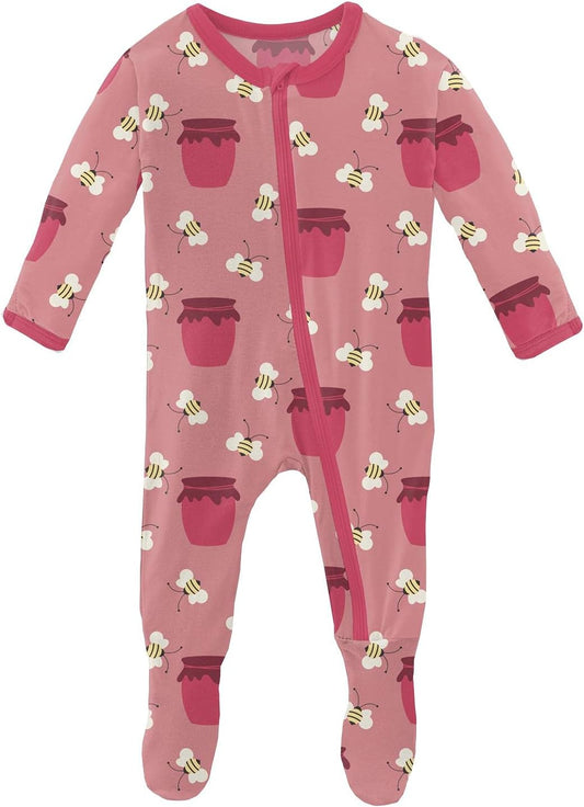 Kickee Print Footie with Zipper, Fitted Long Sleeve Pajamas, Ultra Soft Everyday One-Piece Loungewear, Fair (Strawberry Bees and Jam - 12-18 Months)