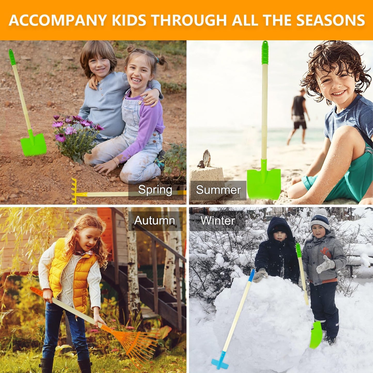 Kids Shovel, Rake for Leaves, Spade, Hoe and Broom, 5Pcs Kids Garden Tools, Gardening Yard Outdoor Toy Gifts for Boys Girls Age 3 4 5 6 7 8 Years Old