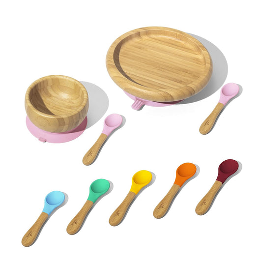 Bamboo Classic Baby Plates, Bowls and 7 Spoons with Removeable Suction for Babies Kids Toddler Food with Silicone Spoon for Feeding, Rainbowpink