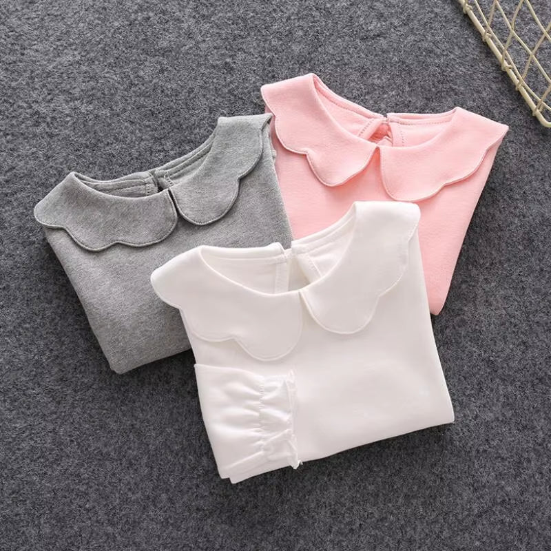 2024 Fall Girls T-Shirts Long Sleeve White T Shirt for Girl Peter Pan Collar Infant Baby Toddler Girl Shirts Kids Clothes JW6664