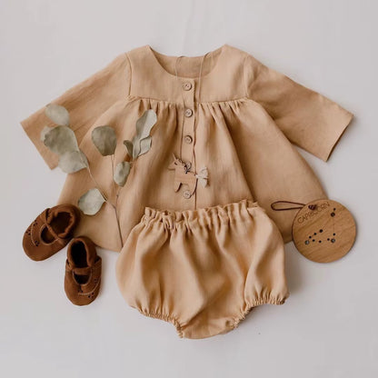 One Set Spring Baby Girls Dresses Long Sleeve Outfits Kids Wears Cotton Linen Autumn Tops+Shorts Pants Suit Children Clothes