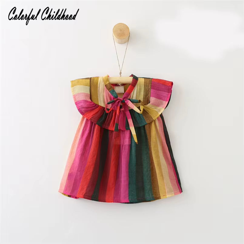 Toddler Baby Girls Summer Clothing Sleeveless Rainbow Stripe Tops Ruffles Collar Bow Design Blouse Children Clothes 2-7Yrs