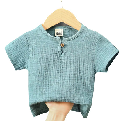 Children T Shirts Fashion Linen Pleated Boys T Shirt Children T-Shirt 2025 Summer Baby Boys Girls T-Shirt Children Clothes Kids