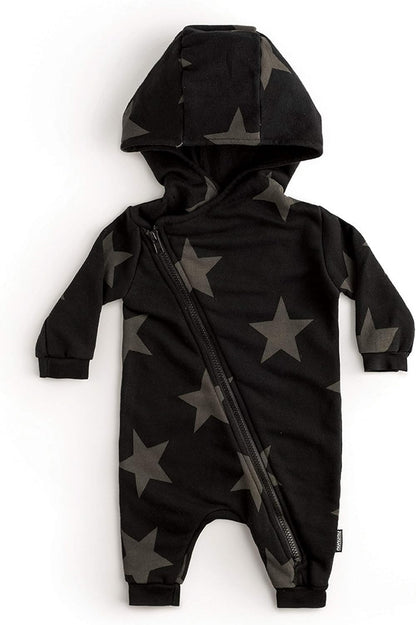 UNISEX BABY COTTON COVERALL - ASYMMETRICAL ZIP STAR HOODED OVERALL (0-6 MONTHS, BLACK - STARS)