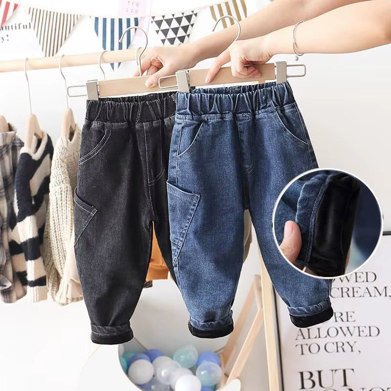 Girls Boys Jeans Velvet Warm Denim Pants Baby Kids Pockets Long Pant Trousers Children Clothes