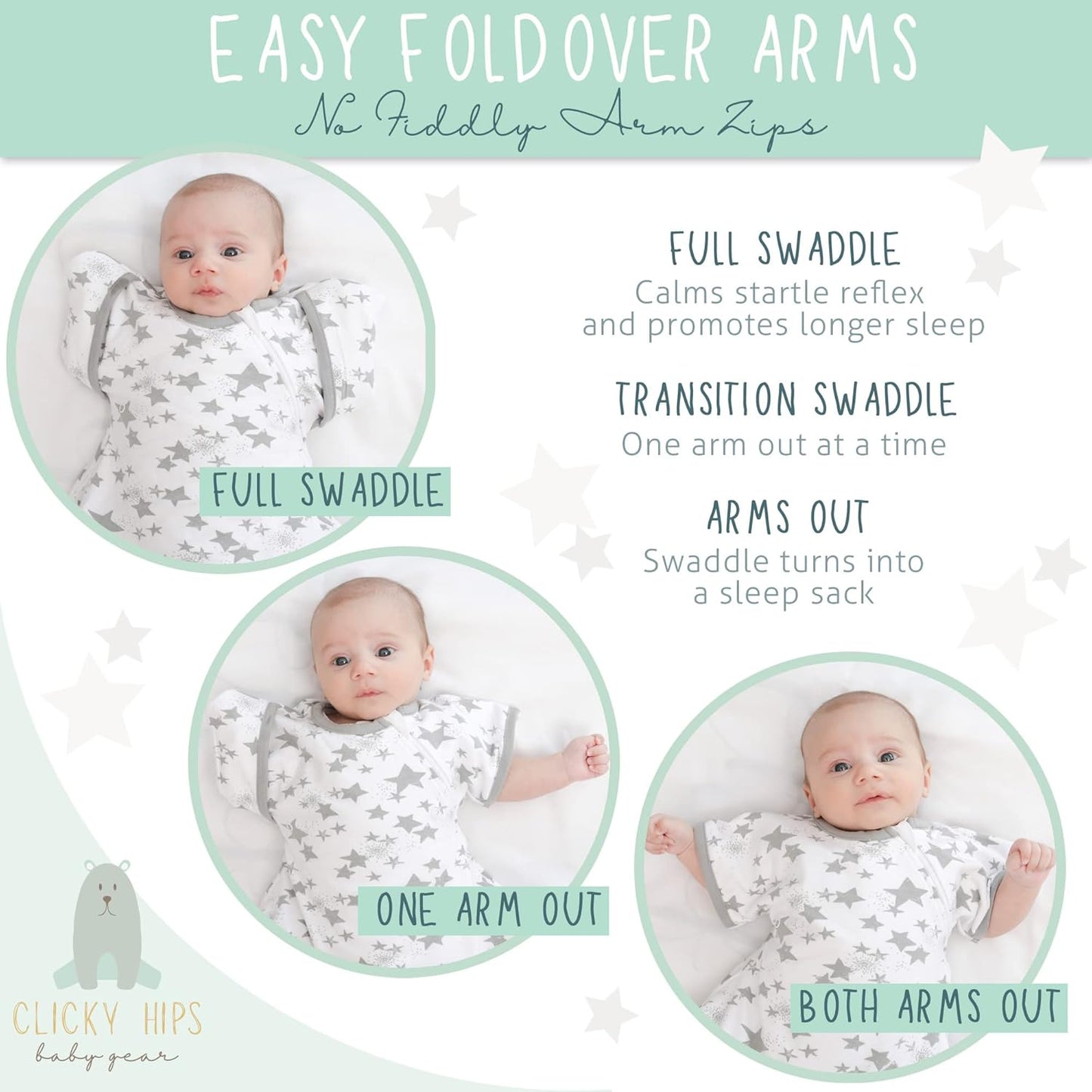 Swaddle Sack with Arms Up, Allows Babies Hips to Move Freely, Fits Newborn Babies 0-6 Months, 8-18 Lbs, Arms In/Out Transition, Baby Sleep Sack, Organic Cotton, White with Gray Stars