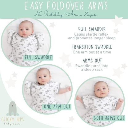 Swaddle Sack with Arms Up, Allows Babies Hips to Move Freely, Fits Newborn Babies 0-6 Months, 8-18 Lbs, Arms In/Out Transition, Baby Sleep Sack, Organic Cotton, White with Gray Stars