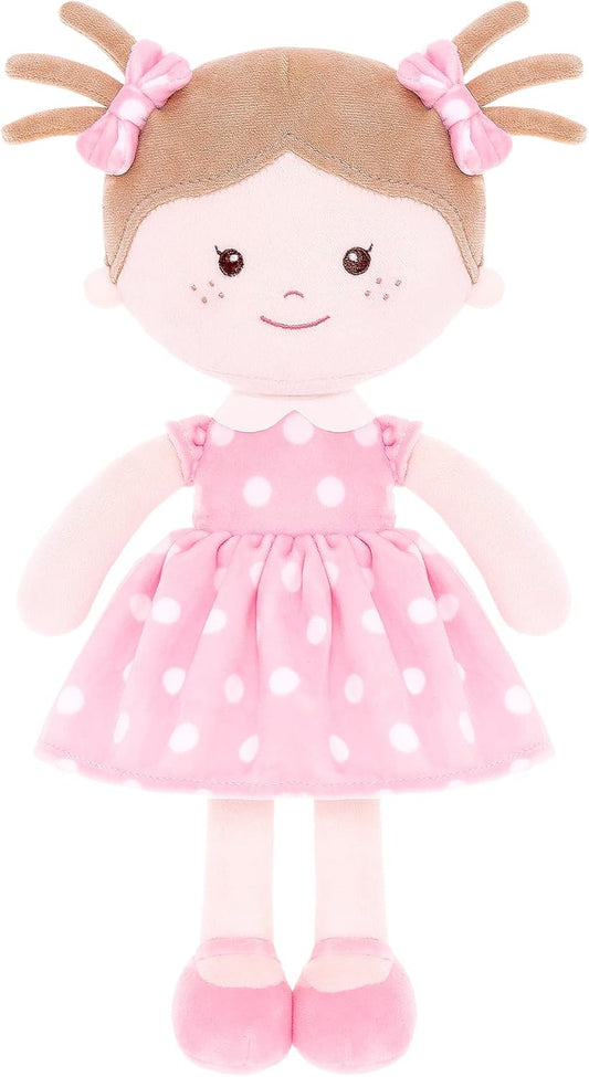 Plush Rag Doll Sleeping Cuddle Buddy Doll Soft Baby Doll for Girls First Baby Doll Wear Pink Skirt Dress 14"（Milly Series）