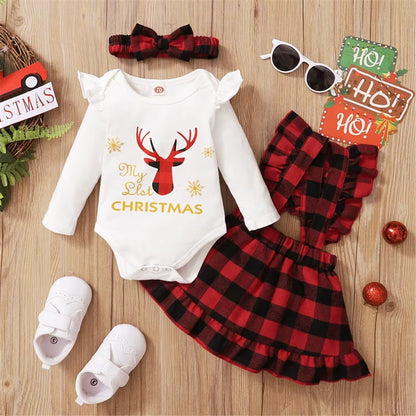 My First Christmas Costume for Baby Girl Clothes Set Red Plaid Suspender Dress Party New Year Clothes for Babies