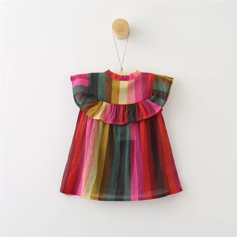 Toddler Baby Girls Summer Clothing Sleeveless Rainbow Stripe Tops Ruffles Collar Bow Design Blouse Children Clothes 2-7Yrs