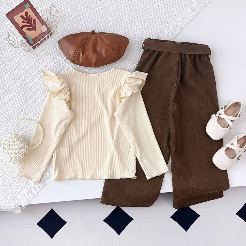 3 4 5 6 7 Year Old Autumn and Winter Long Sleeved round Neck Top+Brown Long Pants Children'S Two-Piece Sets Kids Clothes Girls