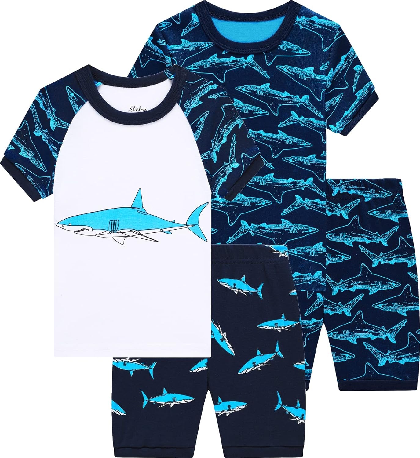 Little Boys Shark Pajamas Toddler Summer Children Cotton Pjs Kids 4 Pieces Clothes Size 6