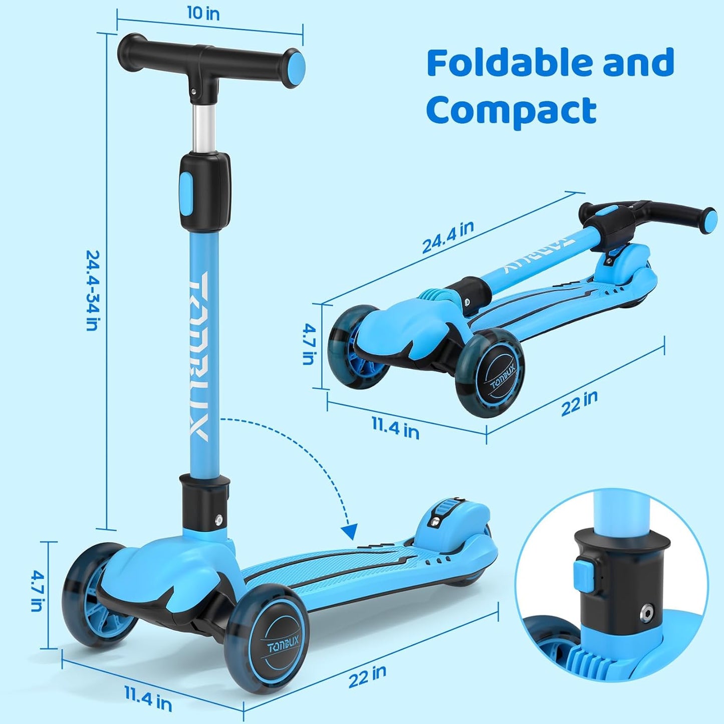 Kids Scooter, Light up 3 Wheel Kick Scooters for Kids 3-5, Folding Scooters for Kids 8-12 with Adjustable Height -Toddler Scooter Lean-To-Steer & Widen Anti-Slip Deck