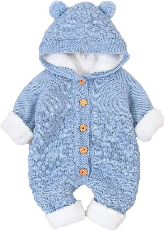 Newborn Baby Hooded Knitted Sweater Romper Fleece Lining Bodysuit Winter Snowsuit for Boy Girl