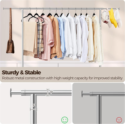 Commercial Clothing Garment Racks on Wheels, Grade Single Rod Adjustable Height Clothes Rack on Wheels for Hanging Clothes, Heavy Duty Upright Clothes Rack with Wheels, Silver