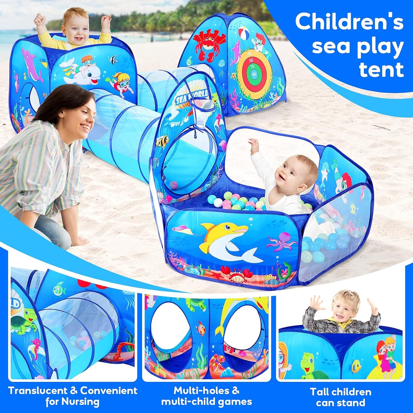 5Pc Kids Play Tent for Toddler with 1 Baby Ball Pits, 2 Baby Crawl Tunnels, 2 Pop up Tents, Indoor Outdoor Playhouse Toys for Boys/Girls (5PC Ocean Kids Playset)