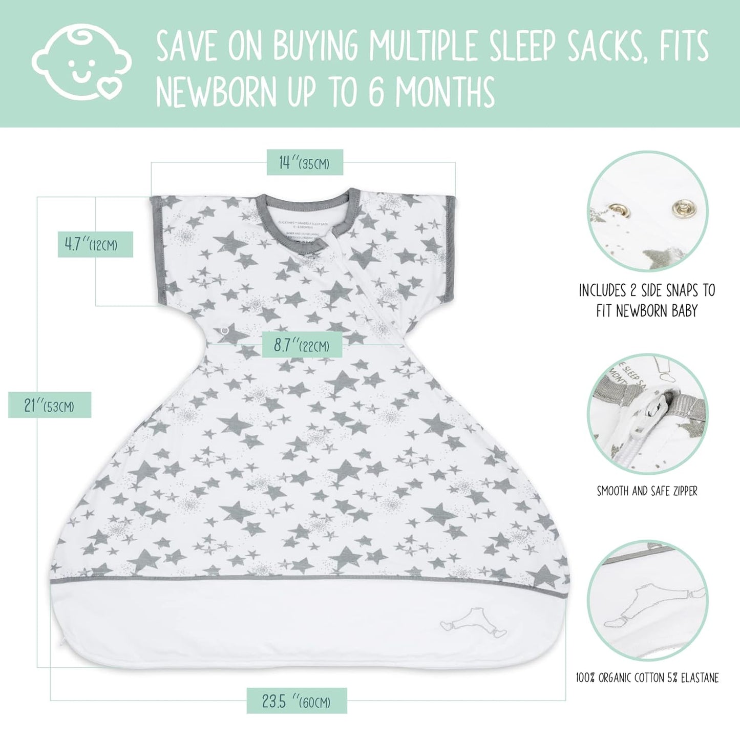 Swaddle Sack with Arms Up, Allows Babies Hips to Move Freely, Fits Newborn Babies 0-6 Months, 8-18 Lbs, Arms In/Out Transition, Baby Sleep Sack, Organic Cotton, White with Gray Stars